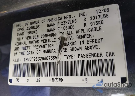 2009 Honda Accord 2.4 Lx from USA, damaged, VIN 1HGCP26329A078651